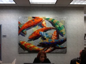 Installed painting at Dental Concepts, Silver Spring, 72H x 96W, mixed media on canvas on board